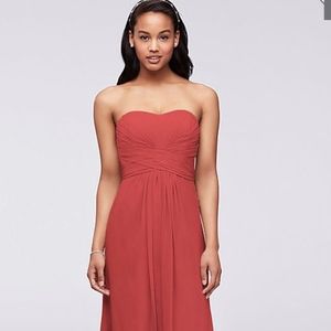 Davids Bridal coral strapless gown.
